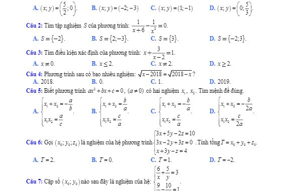 Đề kiểm tra 1 tiết Đại số 10 chương 3 năm 2018 2019 trường Phú Tân An Giang