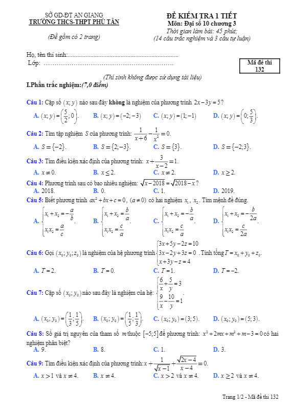 Đề kiểm tra 1 tiết Đại số 10 chương 3 năm 2018 2019 trường Phú Tân An Giang