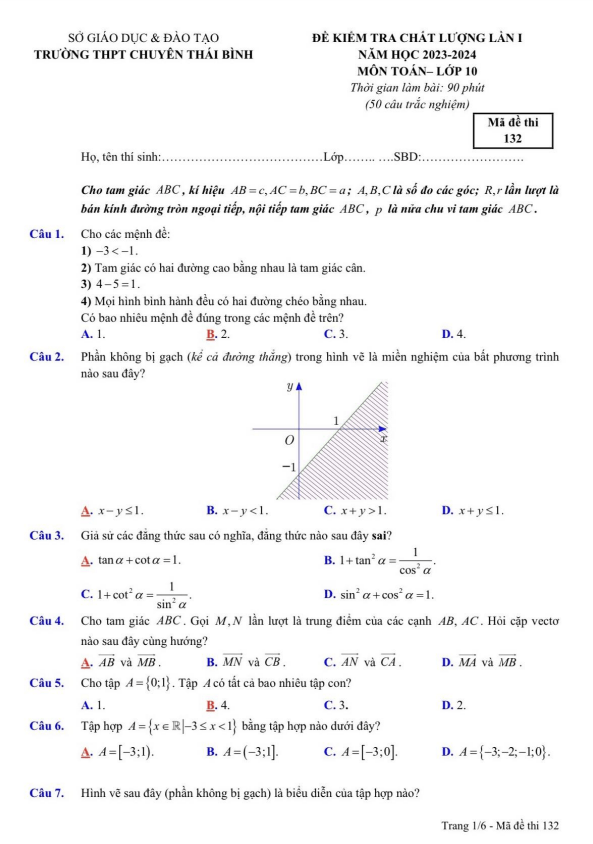 Đề kiểm tra chất lượng lần 1 Toán 10 năm 2023 2024 trường THPT chuyên Thái Bình