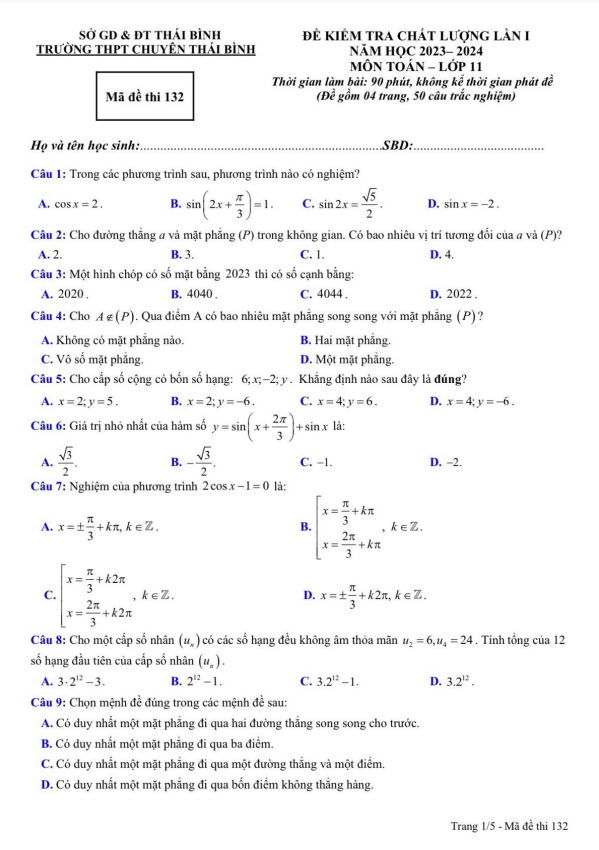 Đề kiểm tra chất lượng lần 1 Toán 11 năm 2023 2024 trường THPT chuyên Thái Bình