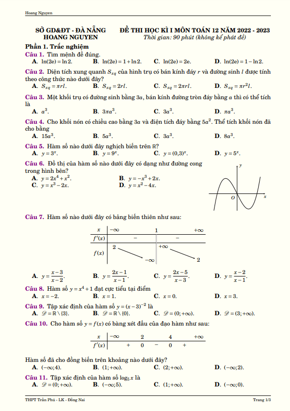 Đề kiểm tra cuối học kì 1 Toán 12 năm 2022 2023 sở GD&ĐT Đà Nẵng
