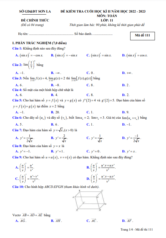 Đề kiểm tra cuối học kì 2 Toán 11 năm 2022 2023 sở GD&ĐT Sơn La