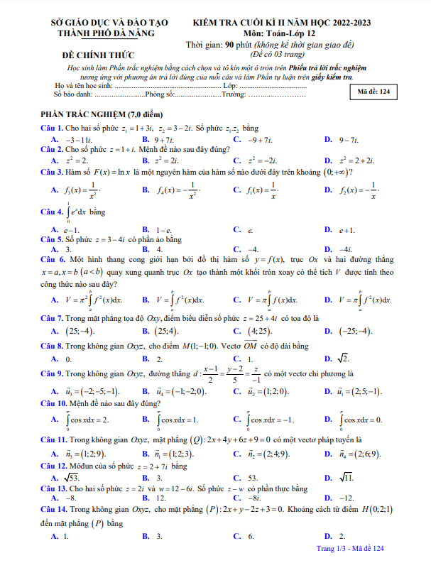 Đề kiểm tra cuối học kì 2 Toán 12 năm 2022 2023 sở GD&ĐT Đà Nẵng