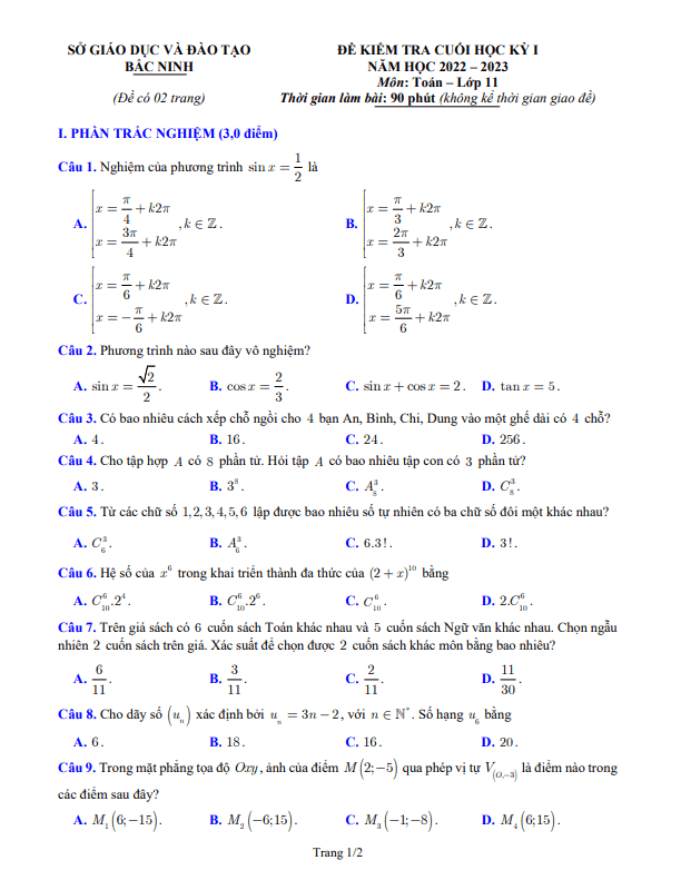 Đề kiểm tra cuối học kỳ 1 Toán 11 năm 2022 2023 sở GD&ĐT Bắc Ninh