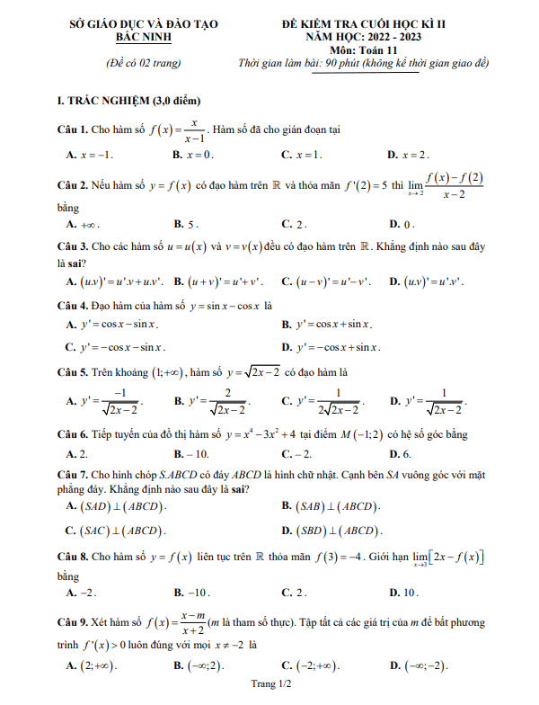 Đề kiểm tra cuối học kỳ 2 Toán 11 năm 2022 2023 sở GD&ĐT Bắc Ninh