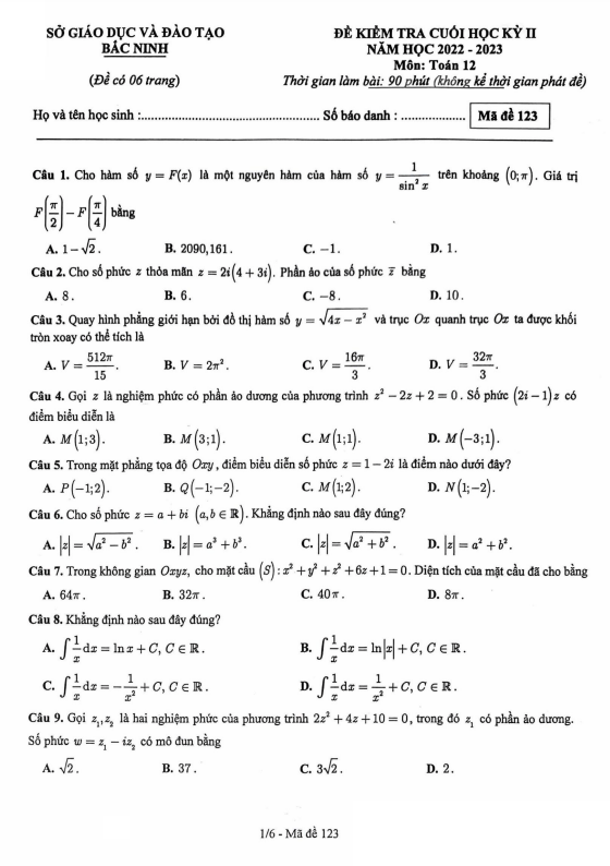 Đề kiểm tra cuối học kỳ 2 Toán 12 năm 2022 2023 sở GD&ĐT Bắc Ninh