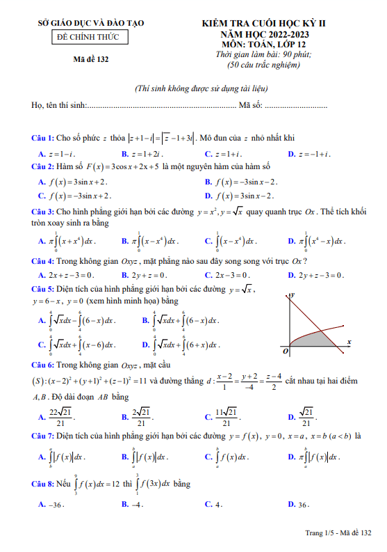 Đề kiểm tra cuối học kỳ 2 Toán 12 năm 2022 2023 sở GD&ĐT Bình Dương