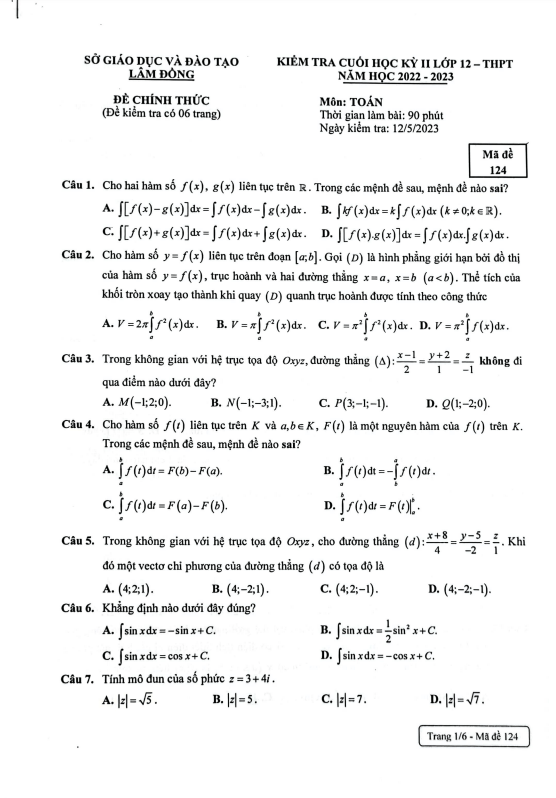 Đề kiểm tra cuối học kỳ 2 Toán 12 năm 2022 2023 sở GD&ĐT Lâm Đồng