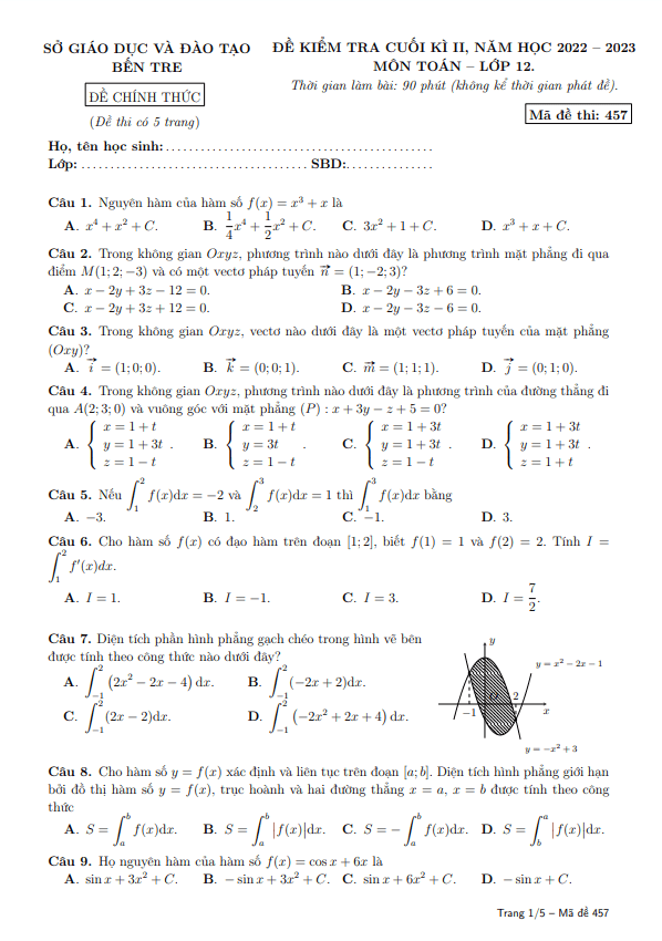 Đề kiểm tra cuối kì 2 Toán 12 năm 2022 2023 sở GD&ĐT Bến Tre