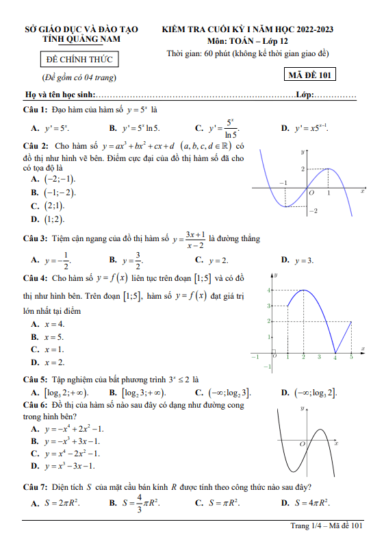 Đề kiểm tra cuối kỳ 1 Toán 12 năm 2022 2023 sở GD&ĐT Quảng Nam