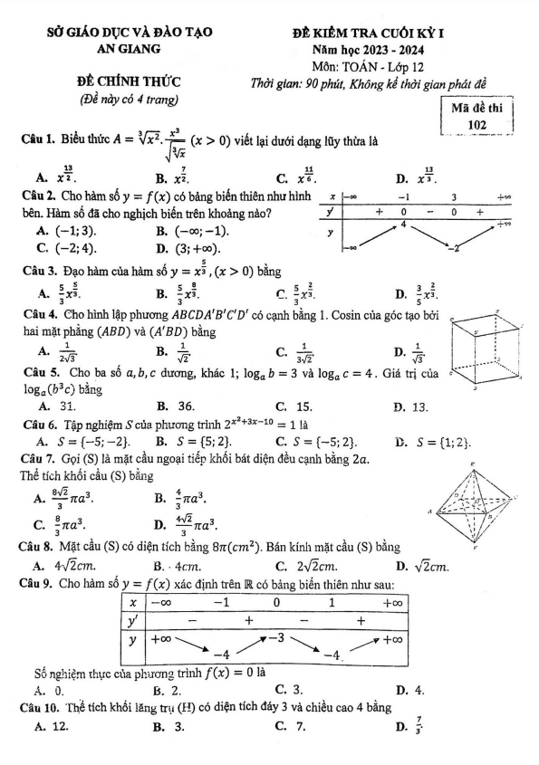 Đề kiểm tra cuối kỳ 1 Toán 12 năm 2023 2024 sở GD&ĐT An Giang