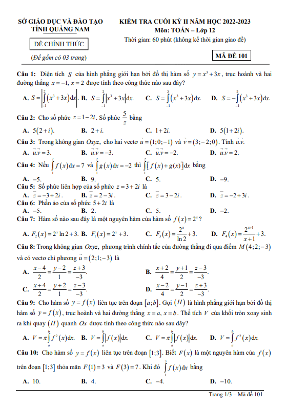 Đề kiểm tra cuối kỳ 2 Toán 12 năm 2022 2023 sở GD&ĐT Quảng Nam