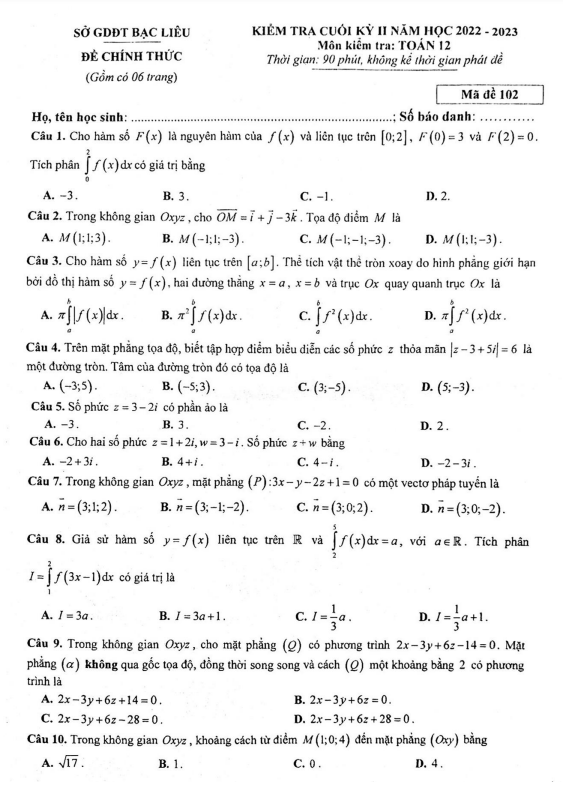 Đề kiểm tra cuối kỳ 2 Toán 12 năm 2022 2023 sở GDKHCN Bạc Liêu
