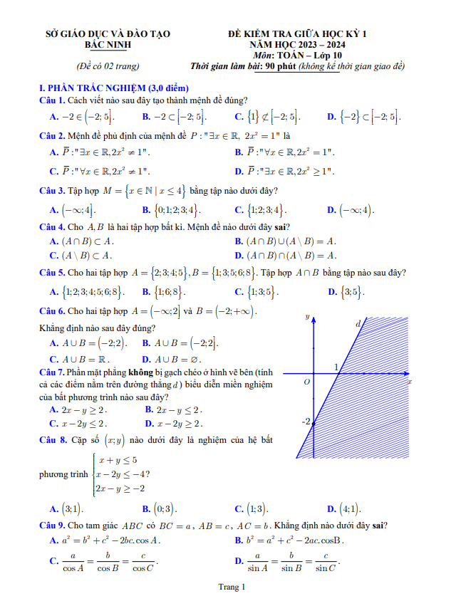 Đề kiểm tra giữa học kỳ 1 Toán 10 năm 2023 2024 sở GD&ĐT Bắc Ninh
