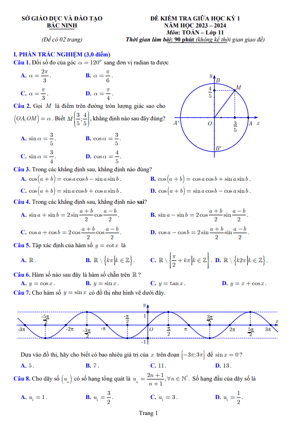 Đề kiểm tra giữa học kỳ 1 Toán 11 năm 2023 2024 sở GD&ĐT Bắc Ninh