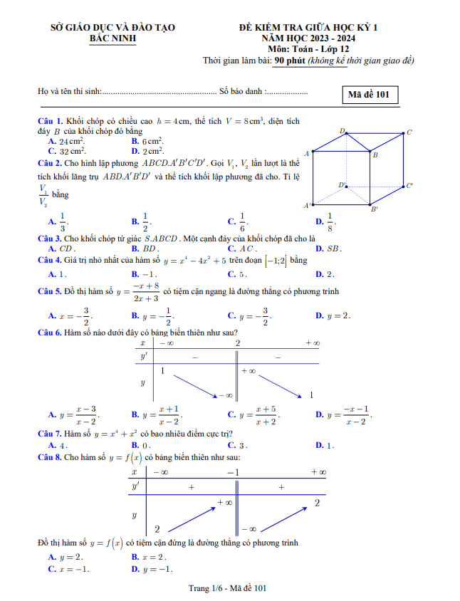Đề kiểm tra giữa học kỳ 1 Toán 12 năm 2023 2024 sở GD&ĐT Bắc Ninh