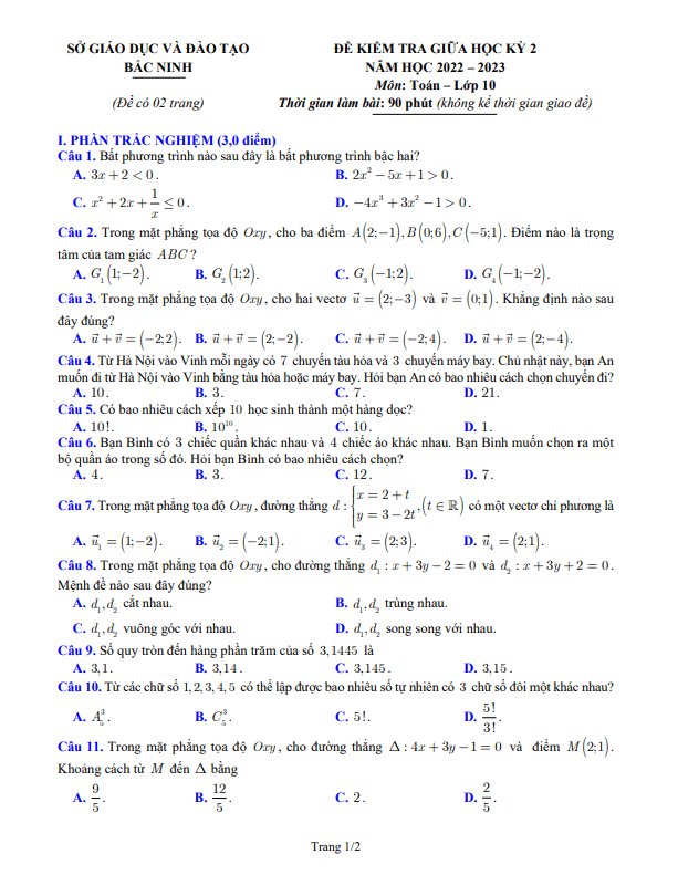 Đề kiểm tra giữa học kỳ 2 Toán 10 năm 2022 2023 sở GD&ĐT Bắc Ninh