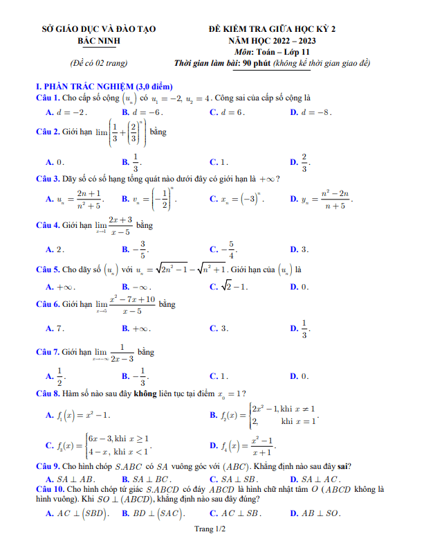 Đề kiểm tra giữa học kỳ 2 Toán 11 năm 2022 2023 sở GD&ĐT Bắc Ninh