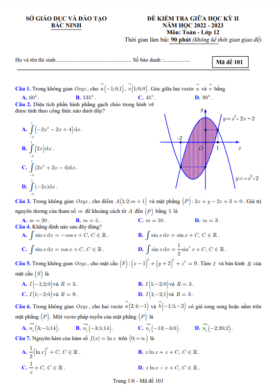 Đề kiểm tra giữa học kỳ 2 Toán 12 năm 2022 2023 sở GD&ĐT Bắc Ninh