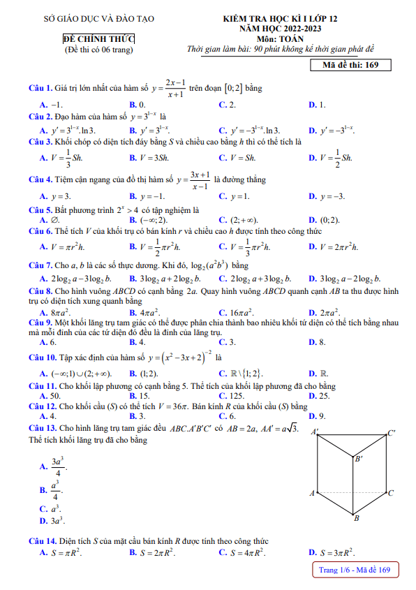 Đề kiểm tra học kì 1 Toán 12 năm 2022 2023 sở GD&ĐT Đắk Nông
