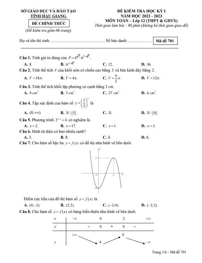 Đề kiểm tra học kỳ 1 Toán 12 năm 2022 2023 sở GD&ĐT Hậu Giang