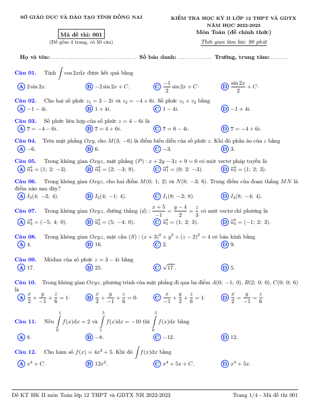 Đề kiểm tra học kỳ 2 Toán 12 năm 2022 2023 sở GD&ĐT Đồng Nai