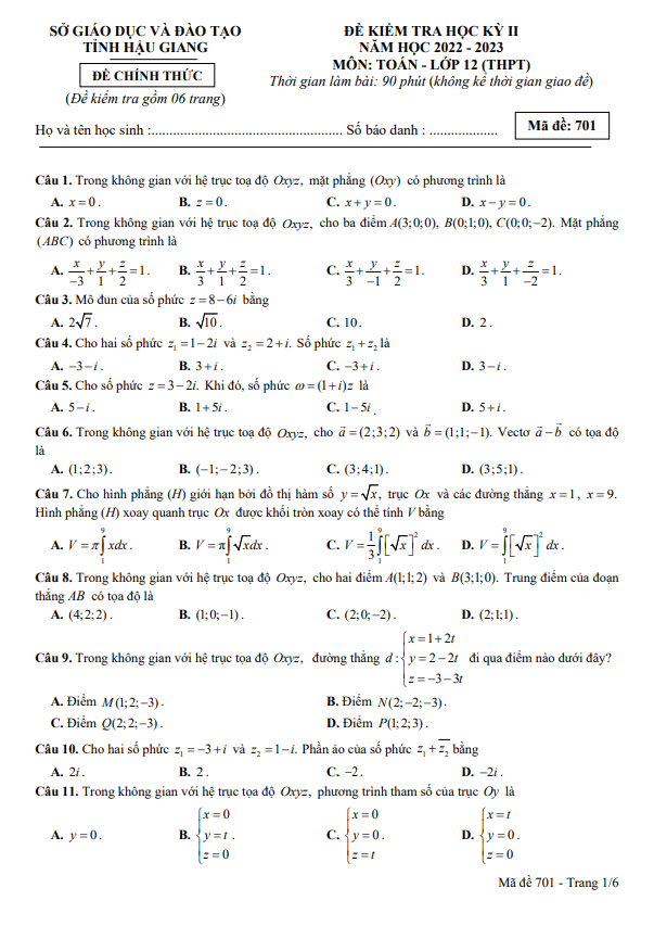 Đề kiểm tra học kỳ 2 Toán 12 năm 2022 2023 sở GD&ĐT Hậu Giang
