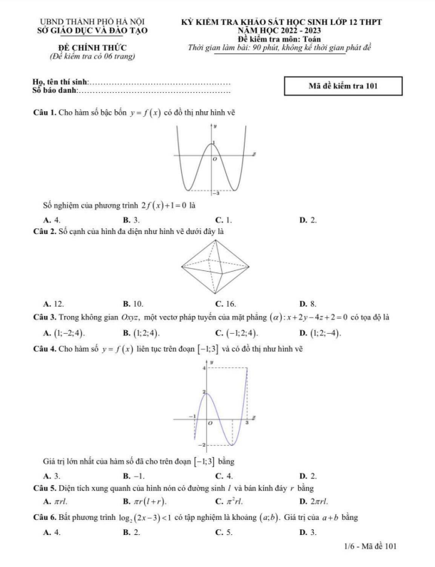 Đề kiểm tra khảo sát Toán 12 năm 2022 2023 sở GD&ĐT Hà Nội