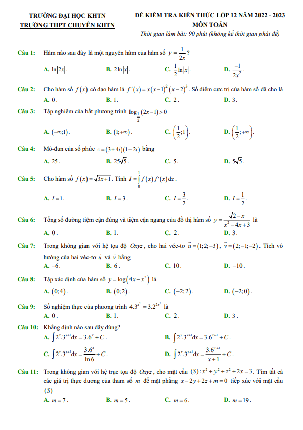 Đề kiểm tra kiến thức Toán 12 năm 2022 2023 trường THPT chuyên KHTN Hà Nội