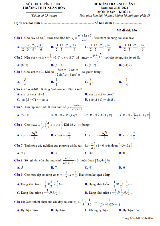 Đề kiểm tra KSCĐ lần 1 Toán 11 năm 2023 2024 trường THPT Xuân Hòa Vĩnh Phúc