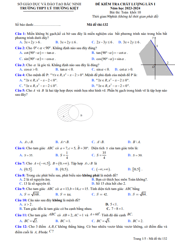 Đề kiểm tra lần 1 Toán 10 năm 2023 2024 trường THPT Lý Thường Kiệt Bắc Ninh