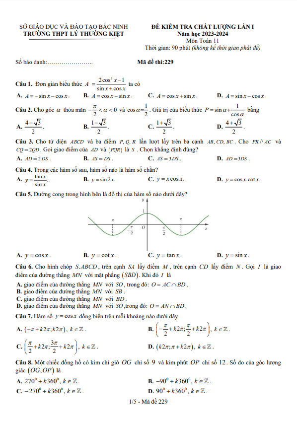 Đề kiểm tra lần 1 Toán 11 năm 2023 2024 trường THPT Lý Thường Kiệt Bắc Ninh