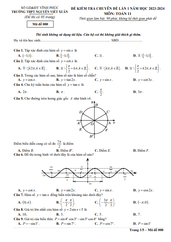 Đề kiểm tra lần 1 Toán 11 năm 2023 2024 trường THPT Nguyễn Viết Xuân Vĩnh Phúc