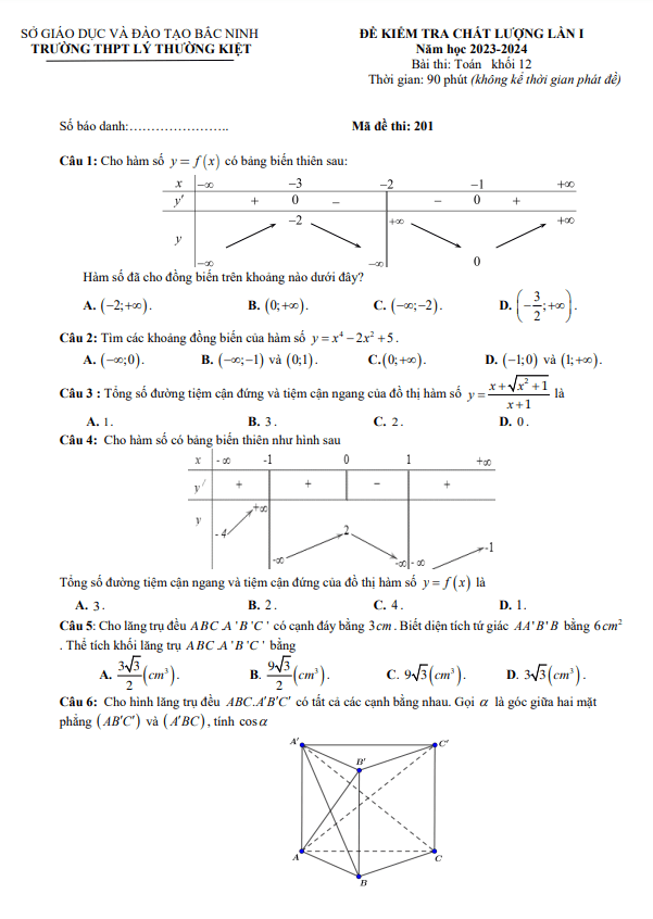 Đề kiểm tra lần 1 Toán 12 năm 2023 2024 trường THPT Lý Thường Kiệt Bắc Ninh