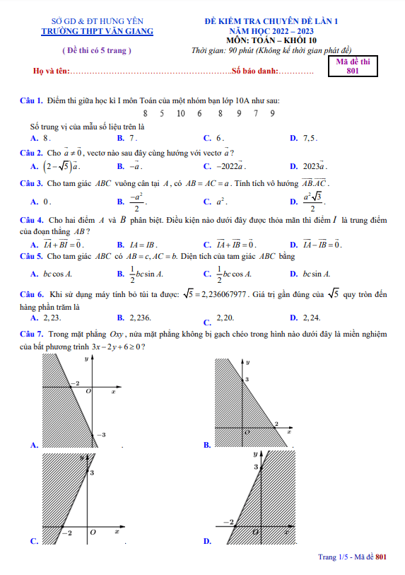 Đề kiểm tra Toán 10 lần 1 năm 2022 2023 trường THPT Văn Giang Hưng Yên