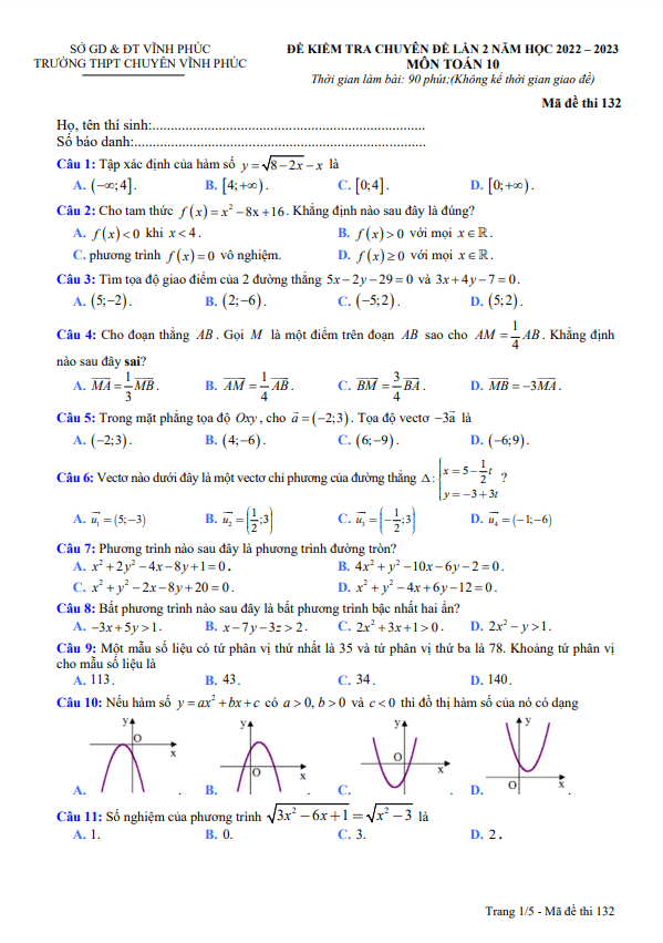 Đề kiểm tra Toán 10 lần 2 năm 2022 2023 trường THPT chuyên Vĩnh Phúc