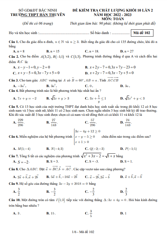 Đề kiểm tra Toán 10 lần 2 năm 2022 2023 trường THPT Hàn Thuyên Bắc Ninh