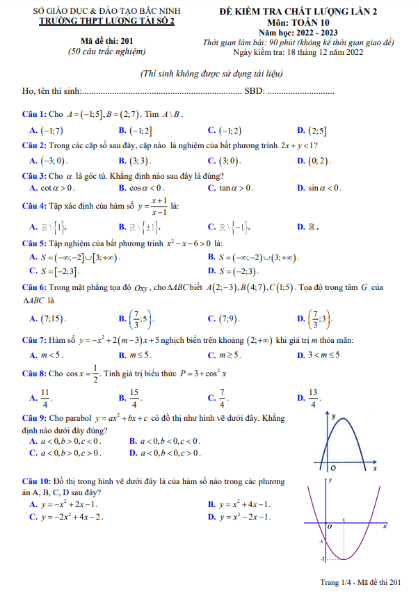 Đề kiểm tra Toán 10 lần 2 năm 2022 2023 trường THPT Lương Tài 2 Bắc Ninh