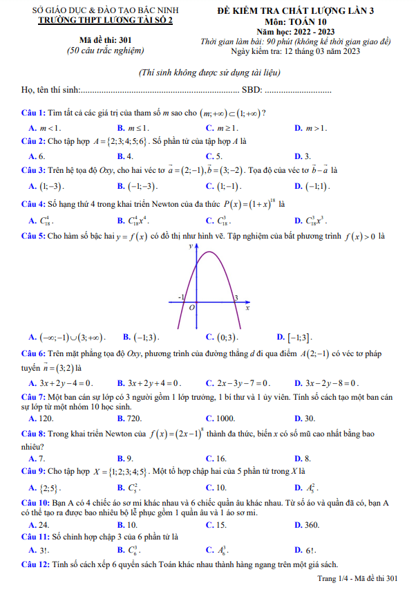 Đề kiểm tra Toán 10 lần 3 năm 2022 2023 trường THPT Lương Tài 2 Bắc Ninh