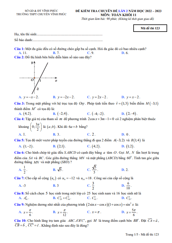 Đề kiểm tra Toán 11 lần 2 năm 2022 2023 trường THPT chuyên Vĩnh Phúc