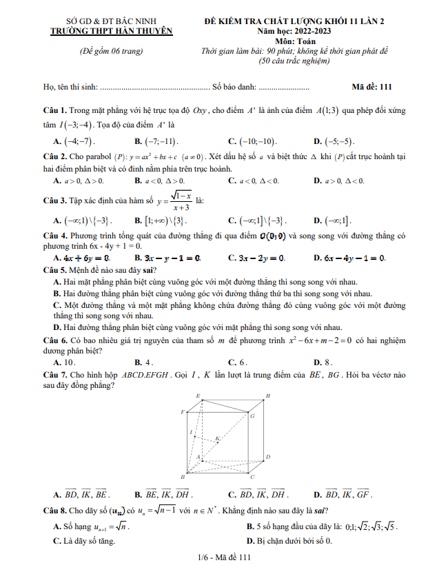 Đề kiểm tra Toán 11 lần 2 năm 2022 2023 trường THPT Hàn Thuyên Bắc Ninh