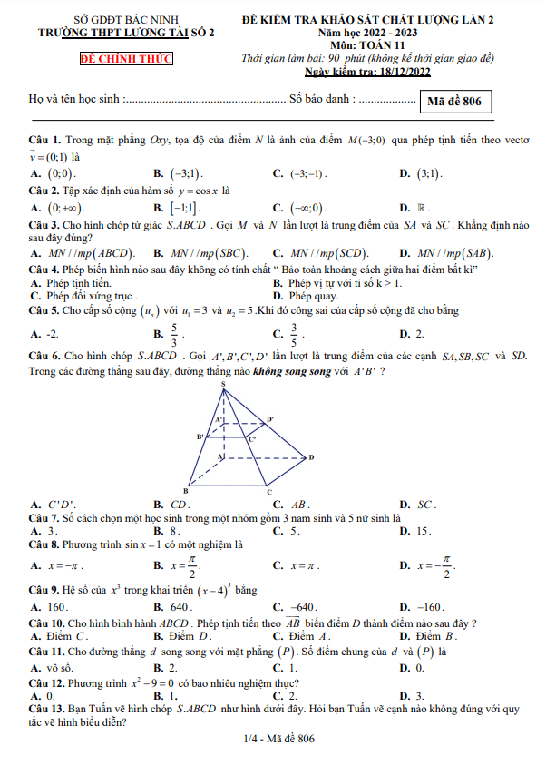 Đề kiểm tra Toán 11 lần 2 năm 2022 2023 trường THPT Lương Tài 2 Bắc Ninh