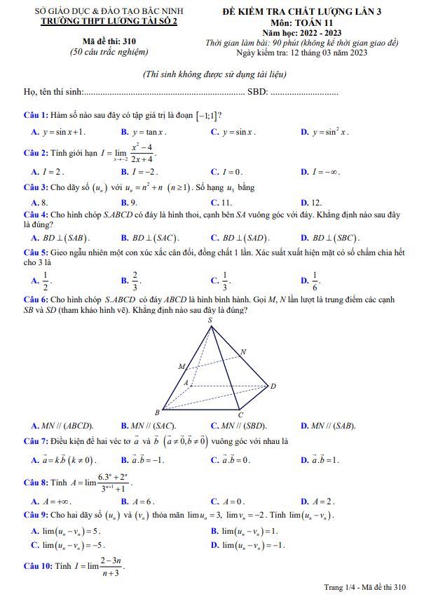 Đề kiểm tra Toán 11 lần 3 năm 2022 2023 trường THPT Lương Tài 2 Bắc Ninh