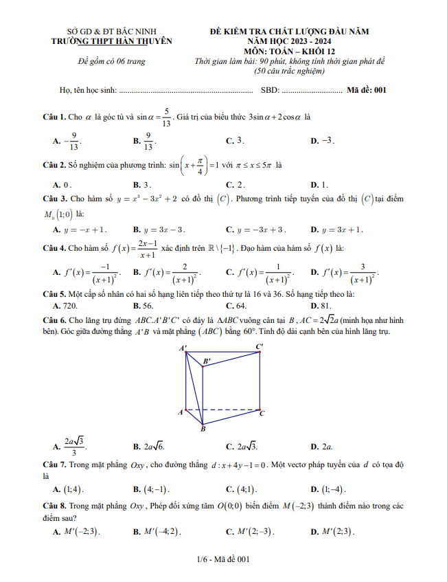 Đề kiểm tra Toán 12 đầu năm 2023 2024 trường THPT Hàn Thuyên Bắc Ninh