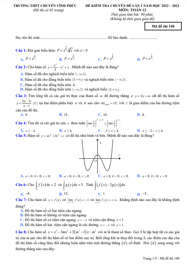 Đề kiểm tra Toán 12 lần 2 năm 2022 2023 trường THPT chuyên Vĩnh Phúc