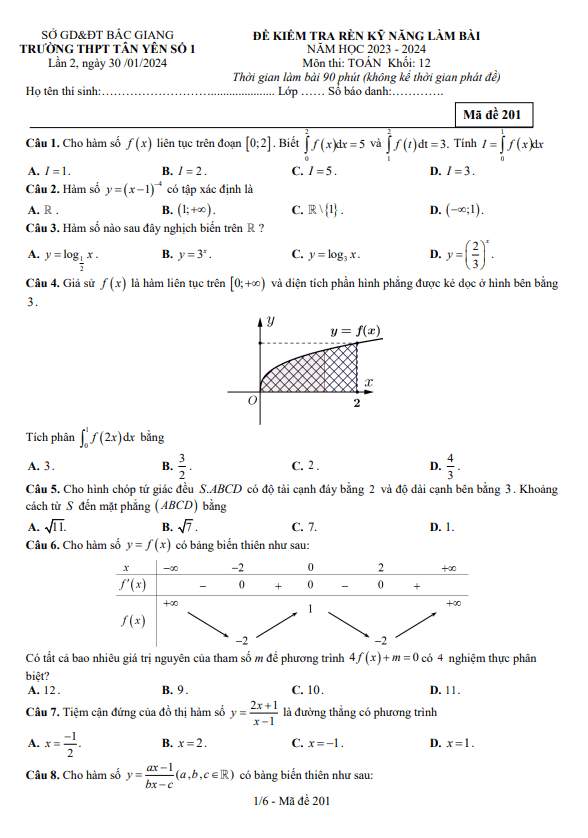 Đề kiểm tra Toán 12 lần 2 năm 2023 2024 trường THPT Tân Yên 1 Bắc Giang