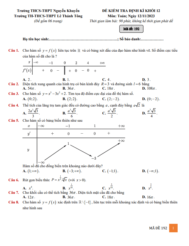 Đề kiểm tra Toán 12 năm 2023 2024 trường Nguyễn Khuyến & Lê Thánh Tông TP HCM