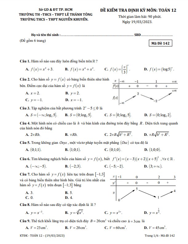 Đề kiểm tra Toán 12 năm 2023 trường Nguyễn Khuyến & Lê Thánh Tông TP HCM
