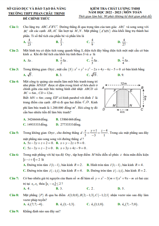 Đề kiểm tra TSĐH năm 2023 môn Toán trường THPT Phan Châu Trinh Đà Nẵng