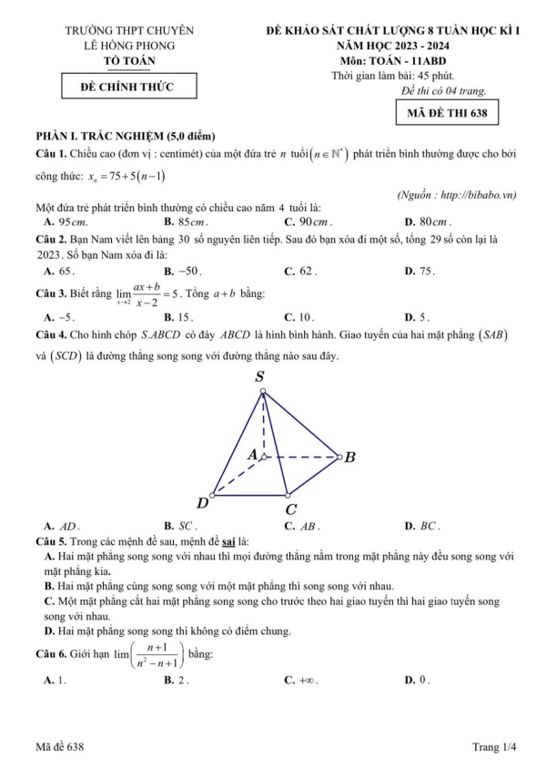 Đề KSCL 8 tuần HK1 Toán 11 năm 2023 2024 THPT chuyên Lê Hồng Phong Nam Định